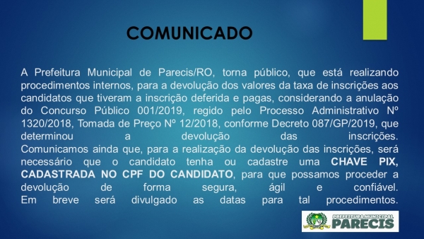 COMUNICADO CONCURSO PÚBLICO 001/2019