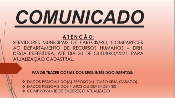 COMUNICADO AOS SERVIDORES MUNICIPAL PARA ATUALIZAÇÃO DE DOCUMENTOS.
