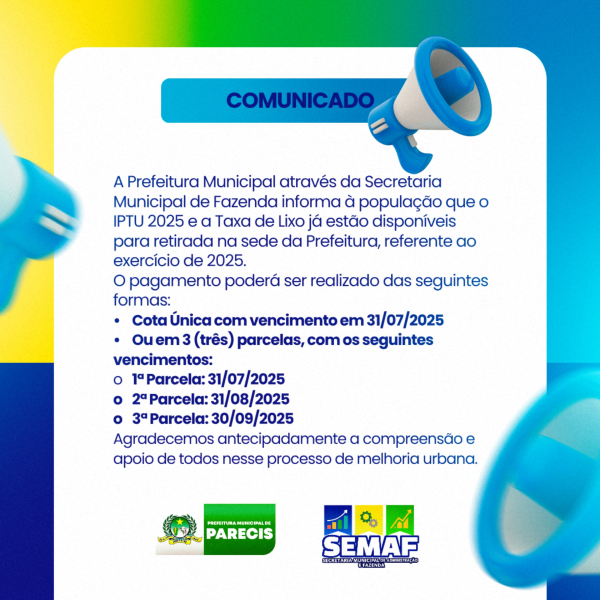 IPTU E TAXA DE LIXO DISPONÍVEL PARA RETIRADA NA PREFEITURA MUNICIPAL DE PARECIS